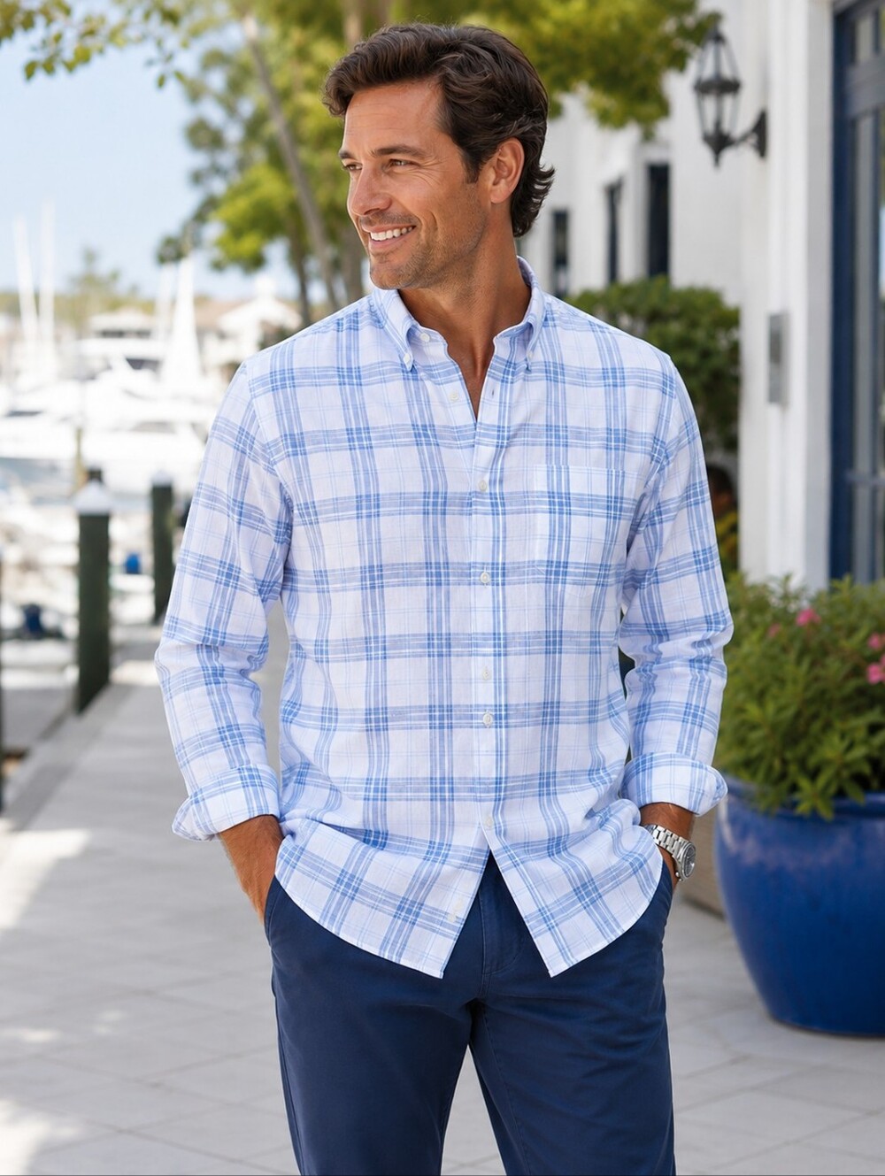 Peter Millar Blue White Plaid Cotton Button Front Shirt XL